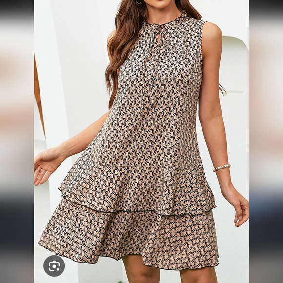 None Dresses & Skirts - JC Mode Print Tie-Up Neck A-Line Dress